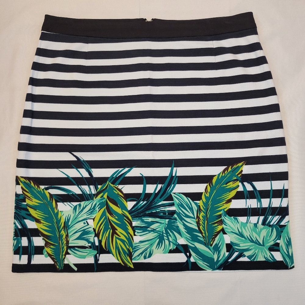 Floral Fitted Striped Pencil Skirt Leaves Hem Size 12